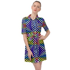 Bright Circle Abstract Black Blue Yellow Red Belted Shirt Dress by BrightVibesDesign