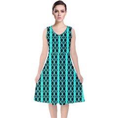 Circles Lines Black Green V-neck Midi Sleeveless Dress  by BrightVibesDesign