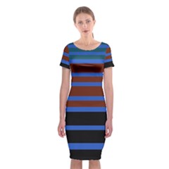 Black Stripes Blue Green Orange Classic Short Sleeve Midi Dress by BrightVibesDesign