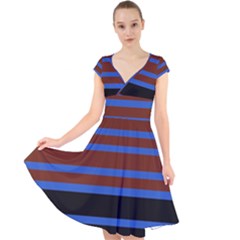 Black Stripes Blue Green Orange Cap Sleeve Front Wrap Midi Dress by BrightVibesDesign