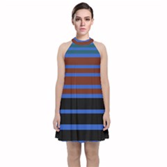 Black Stripes Blue Green Orange Velvet Halter Neckline Dress  by BrightVibesDesign