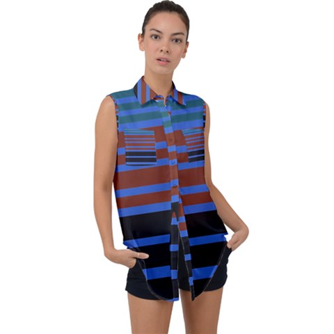 Black Stripes Blue Green Orange Sleeveless Chiffon Button Shirt by BrightVibesDesign