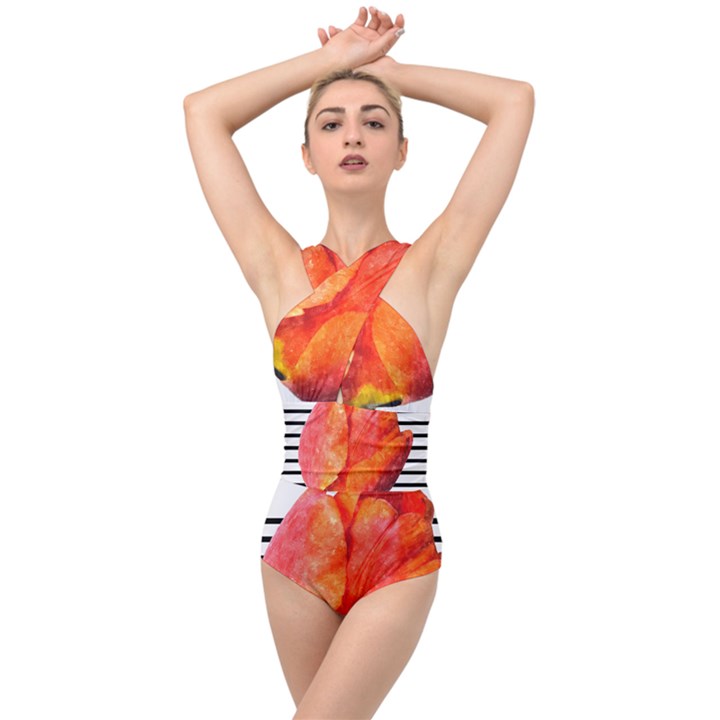 Tulip watercolor Red and black stripes Cross Front Low Back Swimsuit