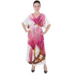 Magnolia Roze Aquarel Watercolor V-neck Boho Style Maxi Dress by picsaspassion