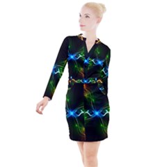 Colorful Neon Art Light Rays, Rainbow Colors Button Long Sleeve Dress by picsaspassion