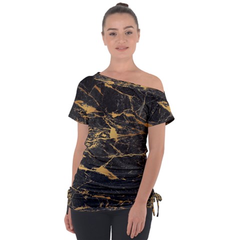 Black Marble Texture With Gold Veins Floor Background Print Luxuous Real Marble Tie-up Tee by genx