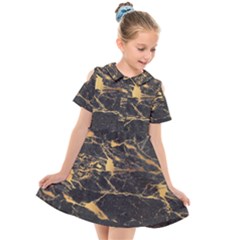 Black Marble Texture With Gold Veins Floor Background Print Luxuous Real Marble Kids  Short Sleeve Shirt Dress by genx