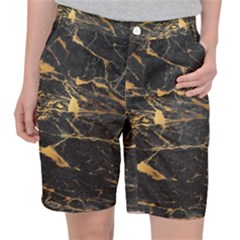 Black Marble Texture With Gold Veins Floor Background Print Luxuous Real Marble Pocket Shorts by genx