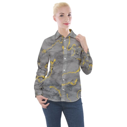 Marble Neon Retro Light Gray With Gold Yellow Veins Texture Floor Background Retro Neon 80s Style Neon Colors Print Luxuous Real Marble Women s Long Sleeve Pocket Shirt by genx