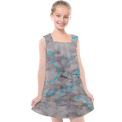 Marble Light Gray With Bright Cyan Blue Veins Texture Floor Background Retro Neon 80s Style Neon Colors Print Luxuous Real Marble Kids  Cross Back Dress by genx