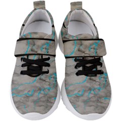 Marble Light Gray With Bright Cyan Blue Veins Texture Floor Background Retro Neon 80s Style Neon Colors Print Luxuous Real Marble Kids  Velcro Strap Shoes by genx