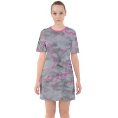 Marble Light Gray With Bright Magenta Pink Veins Texture Floor Background Retro Neon 80s Style Neon Colors Print Luxuous Real Marble Sixties Short Sleeve Mini Dress by genx