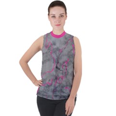 Marble Light Gray With Bright Magenta Pink Veins Texture Floor Background Retro Neon 80s Style Neon Colors Print Luxuous Real Marble Mock Neck Chiffon Sleeveless Top by genx