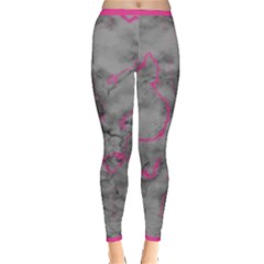 Marble Light Gray With Bright Magenta Pink Veins Texture Floor Background Retro Neon 80s Style Neon Colors Print Luxuous Real Marble Inside Out Leggings by genx
