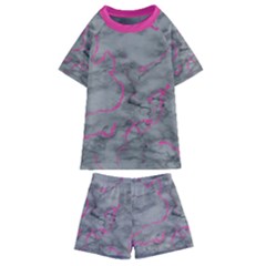 Marble Light Gray With Bright Magenta Pink Veins Texture Floor Background Retro Neon 80s Style Neon Colors Print Luxuous Real Marble Kids  Swim Tee And Shorts Set by genx