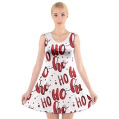 Christmas Watercolor Hohoho Red Handdrawn Holiday Organic And Naive Pattern V-neck Sleeveless Dress by genx