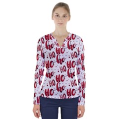 Christmas Watercolor Hohoho Red Handdrawn Holiday Organic And Naive Pattern V-neck Long Sleeve Top by genx