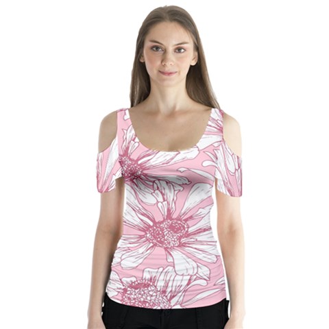 Pink Flowers Butterfly Sleeve Cutout Tee  by Sobalvarro