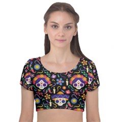 Dia De Los Muertos Velvet Short Sleeve Crop Top  by Sobalvarro