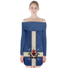 Quebec Flag Drapeau Québec Patriote Carillon Sacré-coeur Christian Catholic Old Vintage With Fleurs De Lys Long Sleeve Off Shoulder Dress by Quebec