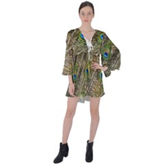 Peacock Feathers Color Plumage Green V-neck Flare Sleeve Mini Dress by Sapixe