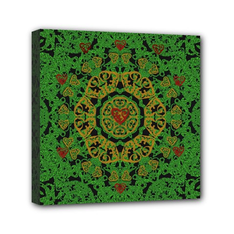 Love The Hearts  Mandala On Green Mini Canvas 6  X 6  (stretched) by pepitasart