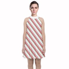 White Candy Cane Pattern With Red And Thin Green Festive Christmas Stripes Velvet Halter Neckline Dress  by genx