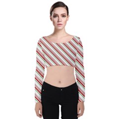 White Candy Cane Pattern With Red And Thin Green Festive Christmas Stripes Velvet Long Sleeve Crop Top by genx