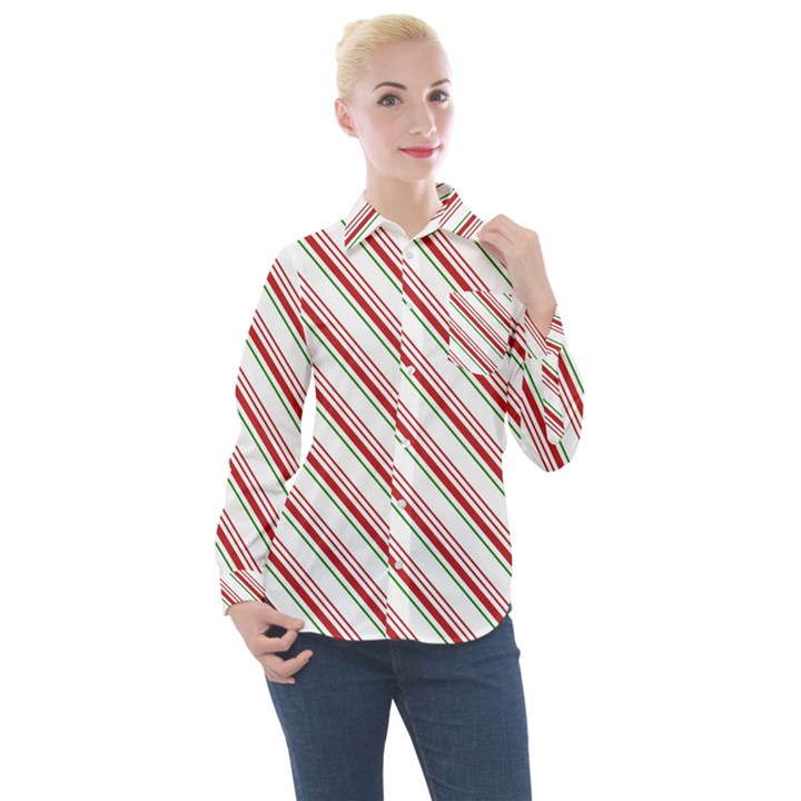 White Candy Cane Pattern with Red and Thin Green Festive Christmas Stripes Women s Long Sleeve Pocket Shirt