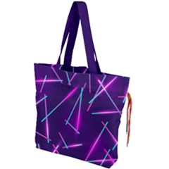 Retrowave Aesthetic Vaporwave Retro Memphis Pattern 80s Design Geometric Shapes Futurist Purple Pink Blue Neon Light Drawstring Tote Bag by genx