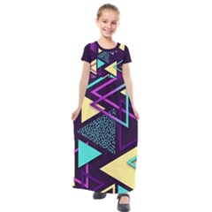 Retrowave Aesthetic Vaporwave Retro Memphis Triangle Pattern 80s Yellow Turquoise Purple Kids  Short Sleeve Maxi Dress by genx