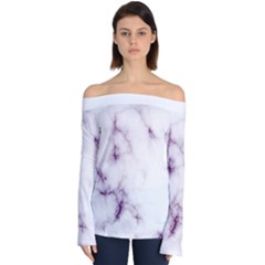 White Marble Violet Purple Veins Accents Texture Printed Floor Background Luxury Off Shoulder Long Sleeve Top by genx