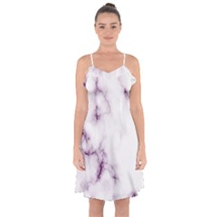 White Marble Violet Purple Veins Accents Texture Printed Floor Background Luxury Ruffle Detail Chiffon Dress by genx