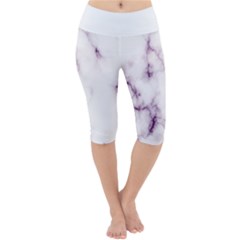 White Marble Violet Purple Veins Accents Texture Printed Floor Background Luxury Lightweight Velour Cropped Yoga Leggings by genx