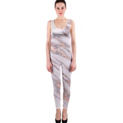 Marble With Metallic Rose Gold Intrusions On Gray White Stone Texture Pastel Pink Background One Piece Catsuit by genx