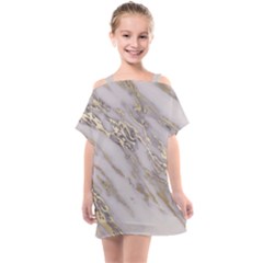 Marble With Metallic Gold Intrusions On Gray White Stone Texture Pastel Rose Pink Background Kids  One Piece Chiffon Dress by genx