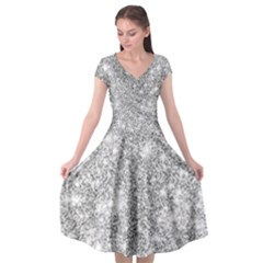 Silver And White Glitters Metallic Finish Party Texture Background Imitation Cap Sleeve Wrap Front Dress by genx