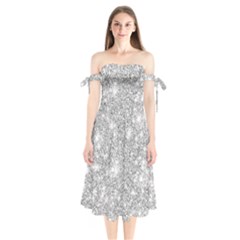 Silver And White Glitters Metallic Finish Party Texture Background Imitation Shoulder Tie Bardot Midi Dress by genx