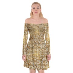 Retro Gold Glitters Golden Disco Ball Optical Illusion Off Shoulder Skater Dress by genx