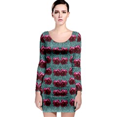 Forest Roses On Decorative Wood Long Sleeve Bodycon Dress by pepitasart