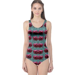 Forest Roses On Decorative Wood One Piece Swimsuit by pepitasart