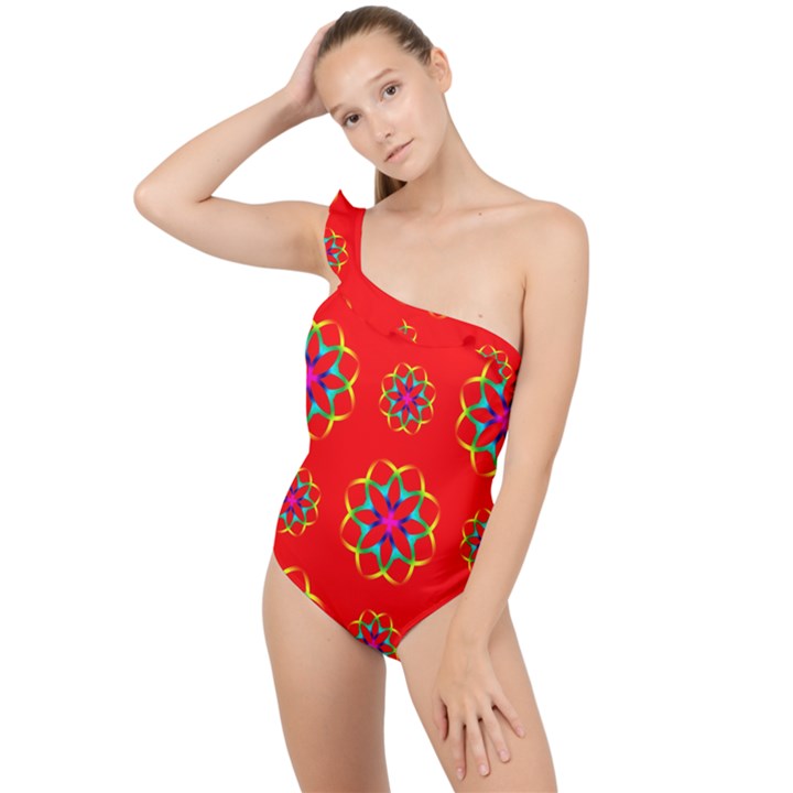 Geometric Design Decor Decorative Repeating Pattern Seamless Frilly One Shoulder Swimsuit