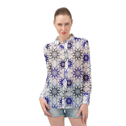 Pearl Pattern Floral Design Art Digital Seamless Blue Black Long Sleeve Chiffon Shirt by Vaneshart