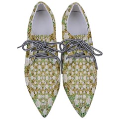 Snowflakes Slightly Snowing Down On The Flowers On Earth Women s Pointed Oxford Shoes by pepitasart