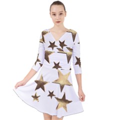 Stars Faux Gold Elegant Starry Festive Christmas Pattern Quarter Sleeve Front Wrap Dress by yoursparklingshop