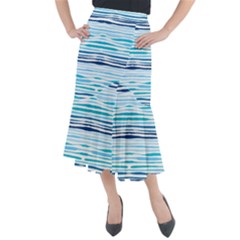 Blue Waves Pattern Midi Mermaid Skirt by designsbymallika