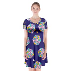 Cube Pattern Short Sleeve V-neck Flare Dress by designsbymallika