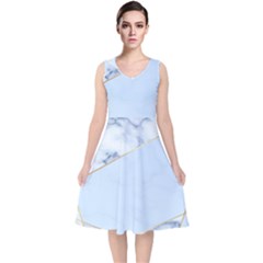 Blue Marble Print V-neck Midi Sleeveless Dress  by designsbymallika