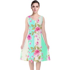 Stripes Floral Print V-neck Midi Sleeveless Dress  by designsbymallika