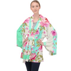 Stripes Floral Print Long Sleeve Velvet Kimono  by designsbymallika